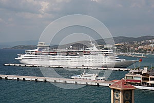 White Cruise Ship and Greek Ferry docked at the Aeagen Sea Port