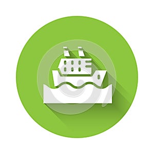 White Cruise ship in ocean icon isolated with long shadow. Cruising the world. Green circle button. Vector