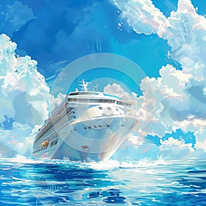 White Cruise Ship in Sea, Large Ocean Liner, Cruise Boat, Voyage Trip Symbol