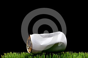 A white crushed soda can tossed on grass