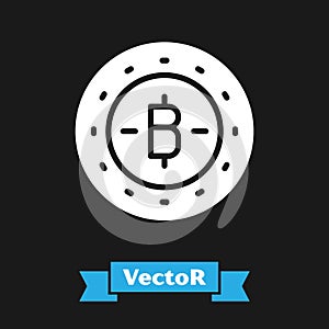 White Cryptocurrency coin Bitcoin icon isolated on black background. Physical bit coin. Blockchain based secure crypto