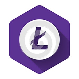 White Cryptocurrency coin Litecoin LTC icon with long shadow. Physical bit coin. Digital currency. Altcoin symbol