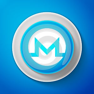 White Cryptocurrency coin Monero XMR icon isolated on blue background. Digital currency. Altcoin symbol. Blockchain