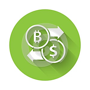 White Cryptocurrency exchange icon isolated with long shadow. Bitcoin to dollar exchange icon. Cryptocurrency technology