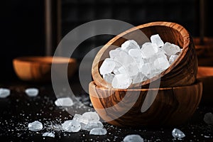 White crystal candy sugar, brown background, selective focus