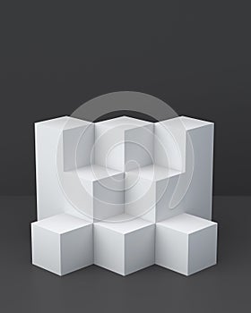 White cube boxes with dark blank wall background for display. 3D rendering.