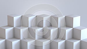 White cube boxes with white blank wall background. 3D rendering.