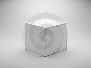 A white cube is centered on a gray background with subtle shading