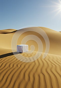 White Cube in a Desert Landscape Under Bright Sunlight