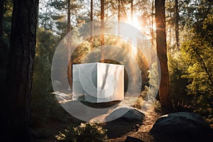 white cube form shelter from animals and weather conditions in the forest