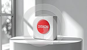 White cube with red DISKON logo on a round white table in a bright room