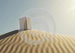 White Cube on Sand Dune Under Bright Sunlight