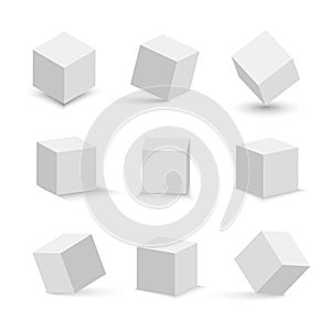 White cubes set. 3D abstract box with shadow. Geometric set.