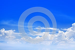 White cumulus clouds clear blue sky background, beautiful aerial cloudscape view from above, azure skies backdrop, fluffy cloud