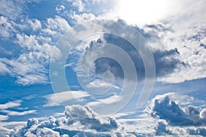 White cumulus clouds in the form of cotton wool on a blue sky. background, bright sky texture