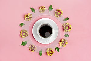 White cup with Americano coffee and round floral frame of chrysanthemum flowers on pink background