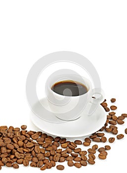 White cup of black coffee and coffee beans isolated. Free space for text