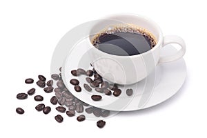 White cup of black coffee with roasted coffee beans