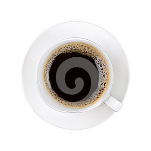 White cup of black coffee on saucer isolated