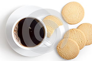 White cup of black coffee and saucer with shortbread biscuits fr