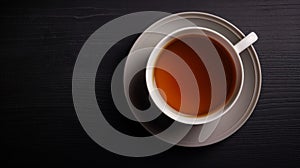 White cup of black tea on a gray saucer on the black wooden background. Isolated.