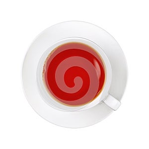 White cup of black tea on saucer isolated