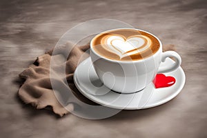 White cup of cappuccino coffee with foam with a heart pattern on a saucer with a spoon on a dark background