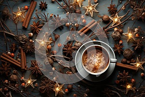 A cappuccino cup with a pattern in the middle of garlands and Christmas decorations and spices. Generative ai