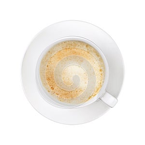 White cup of cappuccino coffee on saucer isolated