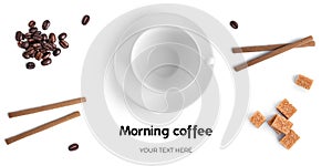 White cup, coffee beans and sweets on a white background. Long header banner format. Panorama website header banner.