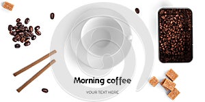 White cup, coffee beans and sweets on a white background. Long header banner format. Panorama website header banner.