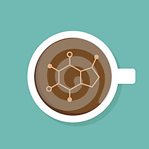 White cup of coffee with caffeine molecular formula. top view isolated on blue