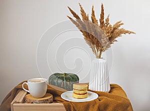 White Cup of Coffee Cappuccino Cottage Cheese Pancakes, Yellow Mustard Color Plaid, Bedroom