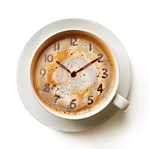 A white cup of coffee with a clock face made of foam