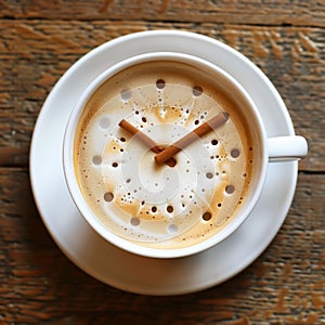 A white cup of coffee with a clock made of cappuccino foam and cinnamon sticks photo