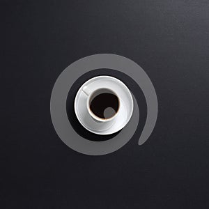 A white cup of coffee on a dark grey desk background