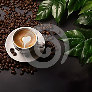 White Cup of Coffee with Fresh Green Leaves and Beans on a Dark Wooden Background