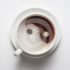 White cup of coffee with froth top view. Ying-yang symbol