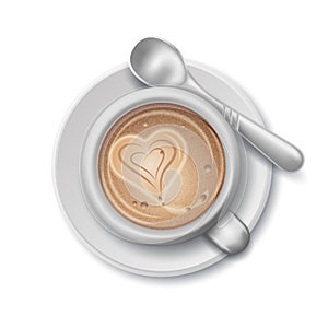 White Cup of coffee with heart. Spoon on a saucer. Vector realistic illustration. Flat Lay view