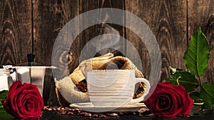 White cup of coffee with steam, coffee beans in a bag, geyser coffee maker, red roses