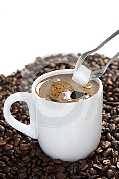 White cup of coffee and sugar lump