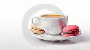 a white cup of coffee with a two macarons, one pink and one beige, on a white saucer, set against a pristine background