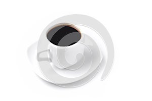 White cup of coffee on a white saucer; on a white background, angle view from above