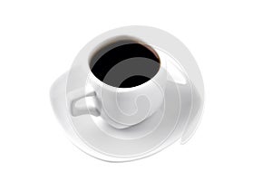 White cup of coffee on a white saucer; on a white background, angle view from above