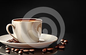 White cup of espresso with coffee beans on a dark surface