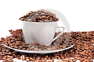 White cup filled with coffee beans