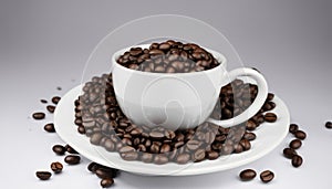A white cup filled with coffee beans