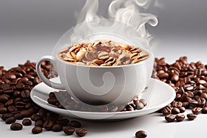 A white cup full of coffee beans and rising steam