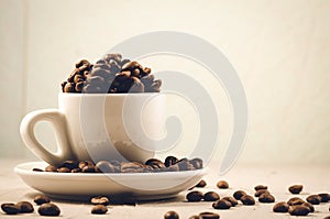 White cup full of coffee beans/white cup full of coffee beans on