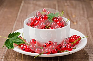 white cup full of red currant/white cup full of red currant. Selective focus